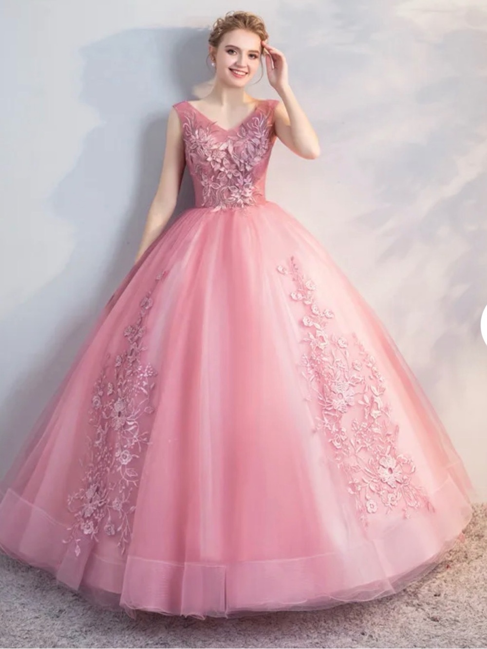 Pink Floral Appliqué Tulle Ball Gown Prom Dress